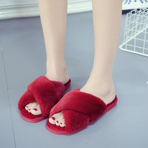 Warm Fluffy Slippers Women Cozy Faux Fur Cross Indoor Floor Slides Flat Soft Furry Shoes Ladies Female Celebrities Flip Flops