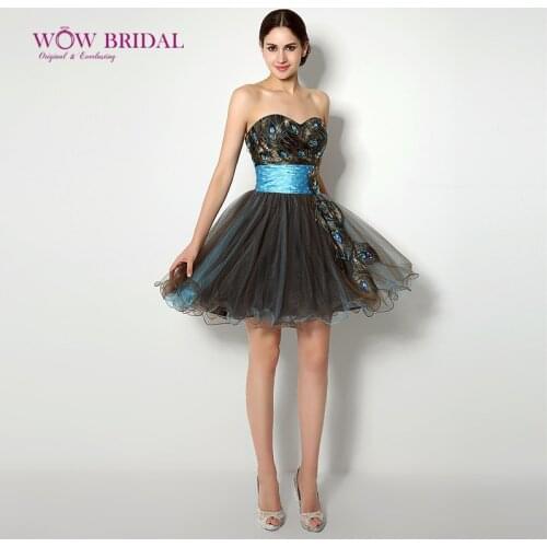 Wowbridal 2021 New Strapless Peacock Formal Short Black Homecoming Dress Lace Up Back Elegant Gowns robe de soiree 16102