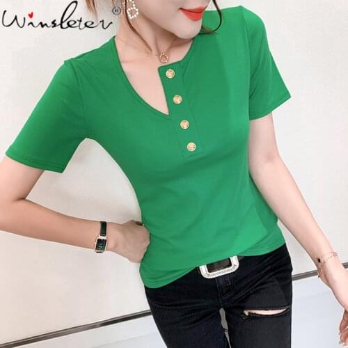 Summer Korean Style Solid Cotton T-Shirt Sexy Irregularity Button Fashion Women Tops Short Sleeve Bottoming Shirt Tees T14723A