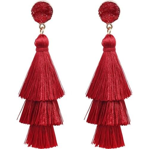 3 Layers Red Blue White Threads Long Tassel Round Frosted Crystal Stud Women Dangle Earrings Drop Earrings