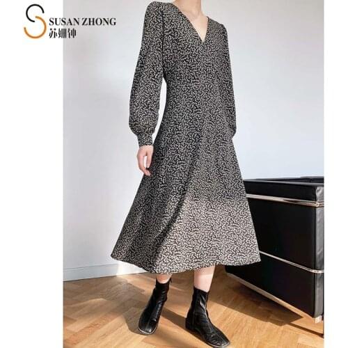 Women Dress Long Sleeve Female One-Piece Floral 2021 Spring Summer Office Fit Flare Flower Pattern Puff Lantern Belt Retro Indi