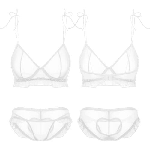 Women See Through Sheer Mesh Lingerie Set Elastic String Shoulder Straps Ruffle Underwired Bra Top Open Butt Briefs Underwear