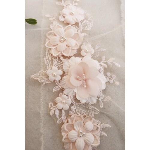 1 pcs nude pink lace appliques with 3D florals, light peach flowers beaded lace appliques for bridal dress sewing accessories
