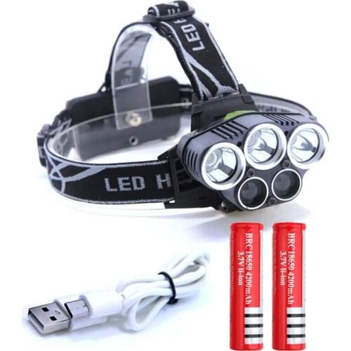 15000LM 5 led USB headlamp 3*XML T6+2*Q5 headlight led Outdoor Lighting head lamp with usb cable charger & 2*18650 Battery