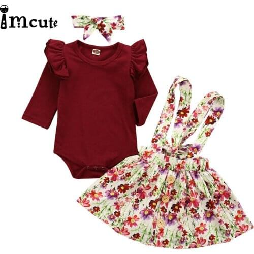 Imcute Newborn Kids Baby Girl 3PCS Sets Floral Flowers Clothes Jumpsuit Body Suit Suspenders Skirt Outfit Set Sundress Wine Red
