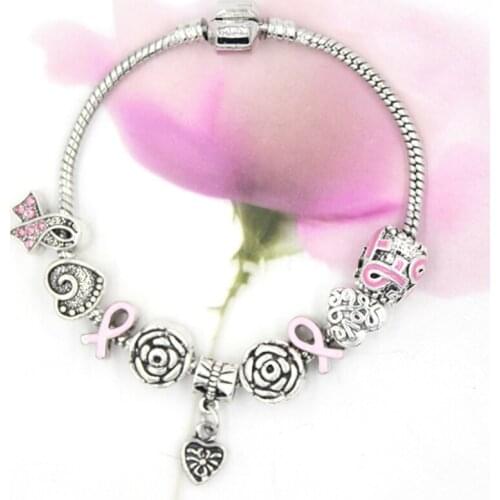 6PCS NEW DIY European Heart Rose Bead Heart Charms Pink Ribbon Breast Cancer Awareness Bracelet Gift for Women