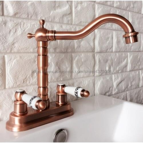 Antique Red Copper Bathoom Kitchen Faucet Swivel Spout Dual Handles Lavatory Sink Mixer Taps Deck Mounted Nrg045