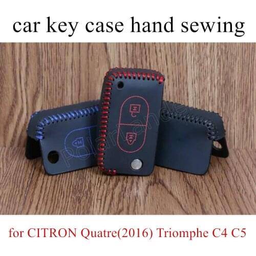 Only Red sewing Hand car key case car key cover leather Car key cloth fit for CITRON 2 button Quatre(2016) Triomphe C4 C5