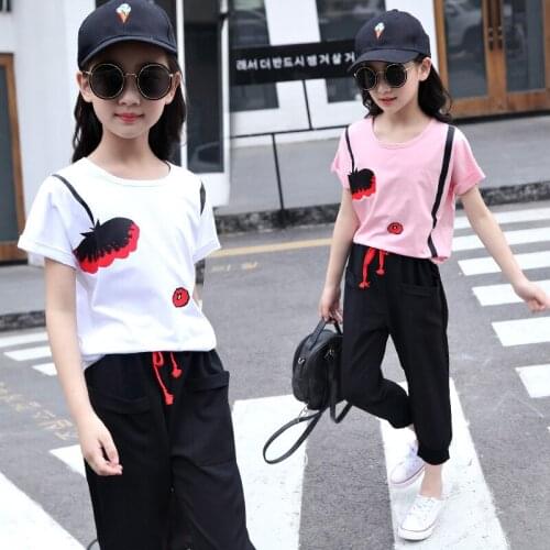 Children Clothing Sets Summer Girls Clothes Cotton Print Short Sleeve T-shirt+Pants 2Pcs Girls Sports Suit 4 6 8 10 11 12 Years