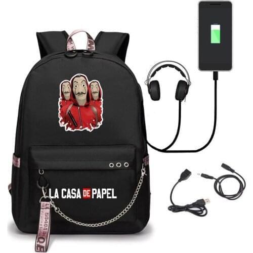La Casa De Papel Cosplay Backpack USB Charging schoolbag Unisex Daily Backpack Halloween Carnival Party Cosplay Rucksack