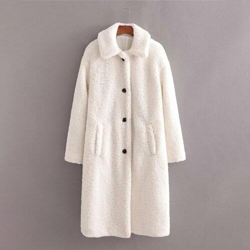 Merodi Women Winter Vogue Za White Long Hairy Coats Autumn Chic Lady Casual Single Breated Cashmere Warm Loose Outwear Chic