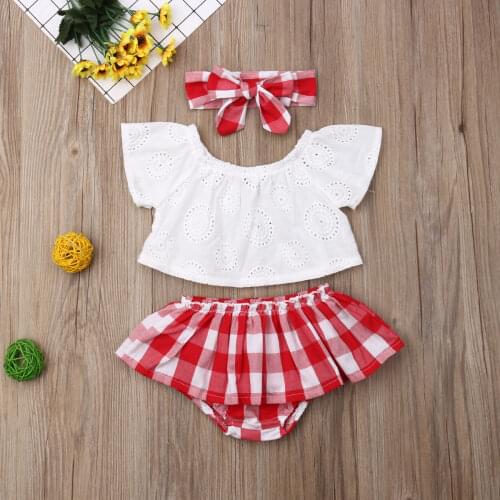 Cute Summer Baby Clothing Newborn Toddler Girls Off Shoulder Tops+Plaid Short Dress+Headband 3pcs Outfit Sets Clothes for 0-24M