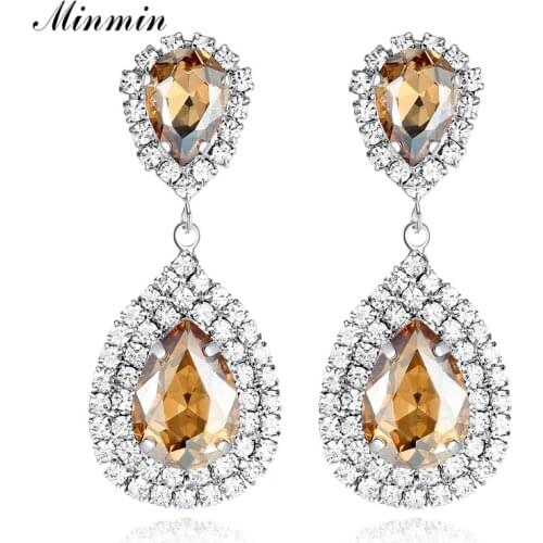 Minmin Gold Color Teardrop Crystal Long Earrings 2019 Rhinestone Bridal Drop Earrings for Women Party Wedding Jewelry Gift EH003