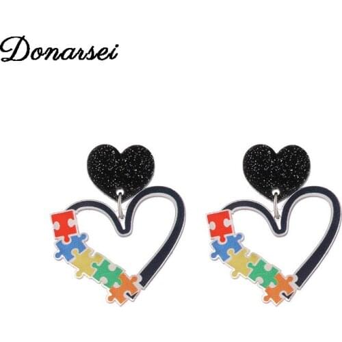 Donarsei Fashion Colorful Puzzle Heart Earrings For Women Sweet Black Color Hollow Heart Drop Dangle Earrings Party