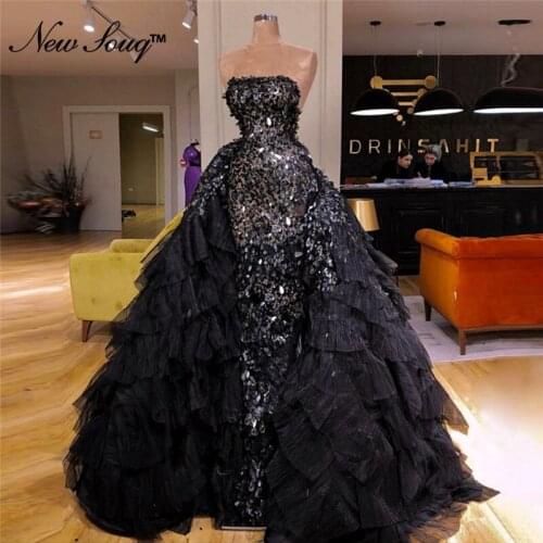 Couture Black Muslim Evening Dresses Sequin Tulle Islamic Dubai Saudi Arabic Long Prom Dresses Abendkleider Party Gowns 2019