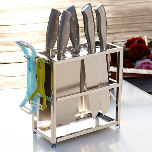 Silver Black Stainless Steel Knife Stand With Hooks Bar Kitchen Knife Holder Santoku Cleaver Slicing Knife Block Storage Rack