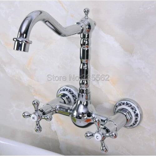 Polished Chrome Kitchen Sink Faucet Wall Mounted Double Handle Bathroom Basin Mixer Tap Cold And Hot Lnf965