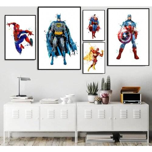 Marvel Superhero Watercolor Canvas Painting Iron Man Captain America Spiderman Posters and Print Wall Art Picture KidsRoom Decor
