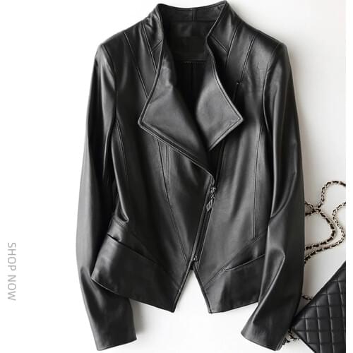 Slim Sheepskin Short Jacket Womens Cool Black Genuine Leather Jacket Autumn Stand Collar Zipper Motorcycle Coat Female Tops