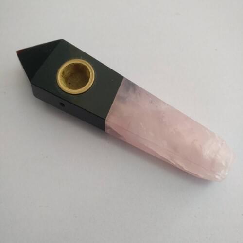 Drop shipping Two kinds of natural stones Hand spliced together crystal wand pipe rose quartz and obsidian tube
