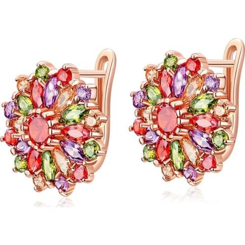 Ociki Rose Gold Color Cubic Zirconia Colourful Crystal Earrings Flower for Women Girls Girls Drop Shipping Fashion Jewelry