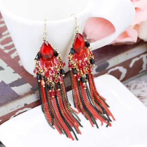 SUNSPICEMS Handmade Crystal Tassel Earrings For Women Bohemia Ethnic Wedding Bridal Jewelry Gold Color Long Drop Earring New