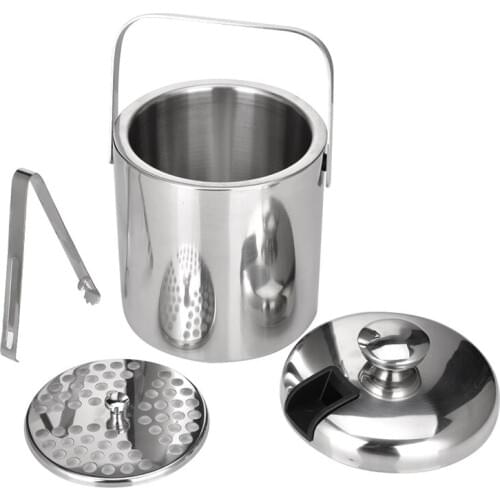 1.3L Double Walled ice bucket Stainless steel Ice Cube Container with ice tong Clip Lid for storage and bar cooler #A
