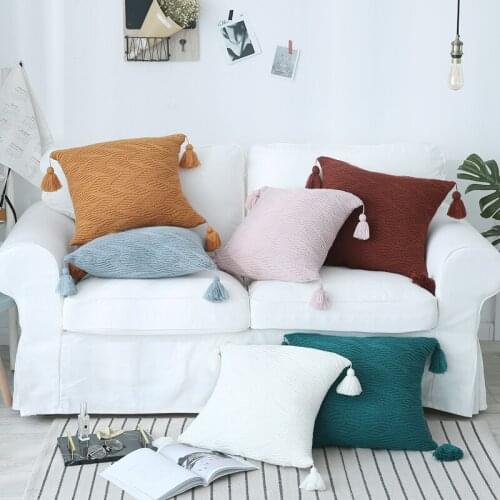 Knitted Cushion Cover Pink Green Yellow Blue Coffee Leaf Tassel 45x45cm Pillowcase Home Decoration Living Room Pillowcase