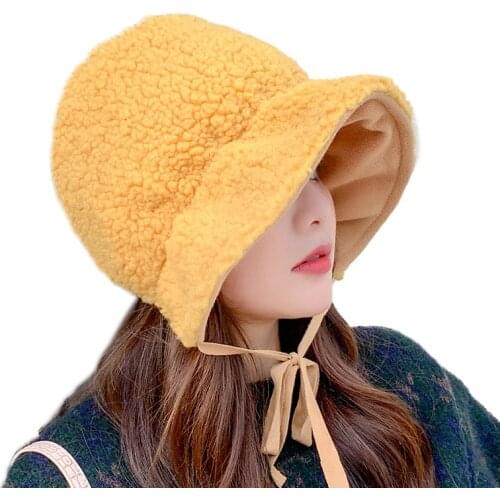 Women Bucket Hat Ear Protector Lamb Velvet Female Girls Fisherman Cap Plush Hat Autumn Winter Warm