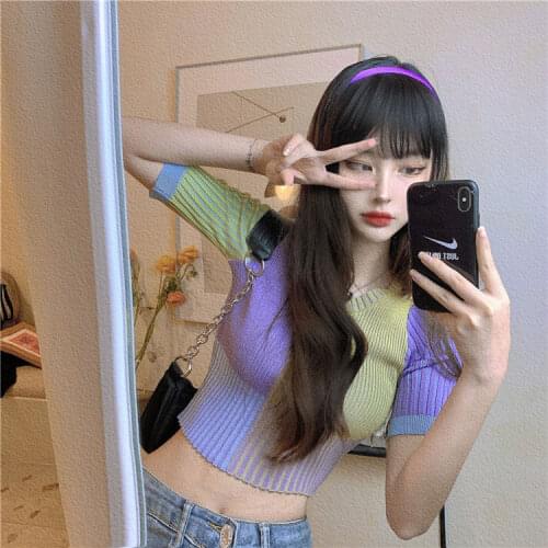 Woman TShirts Summer Slim-Fit T-shirt Knitted Short-Sleeved Vertical Striped Top for Women Crop Top Mujer Camisetas