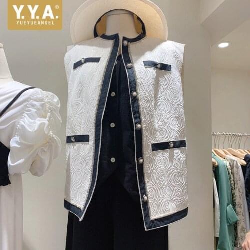 Spring Autumn 2021 New Spliced Fashion Vest Jackets O-Neck Single Breasted Womens Vintage Sleeveless Slim Vest Korean Style