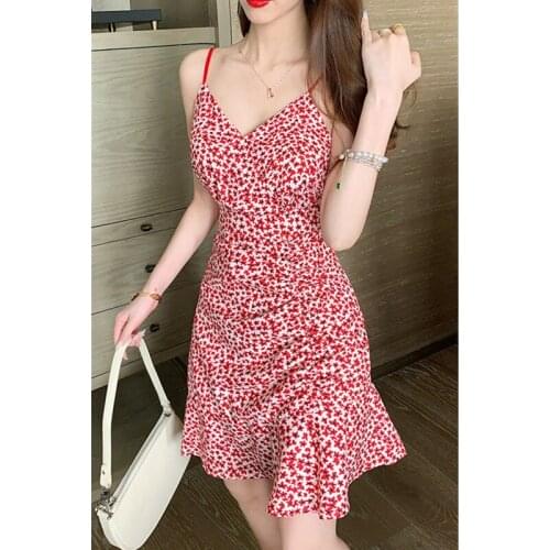 2021 Summer New Style Small Floral Folds Lotus Sling Womens Sexy Dress