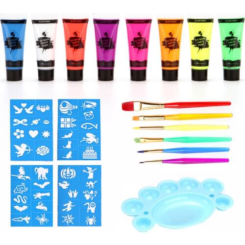 1Set Body Paint with brush Set Black light Face and Makeup Fluorescent Face Paints for henna tattoo Face Christmas halloween