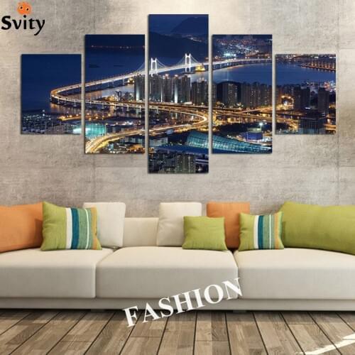 5 Piece Blue Brooklyn Bridge At Night The City landcape Print On Canvas For Home Decor Wall Art Painting no frame best sell
