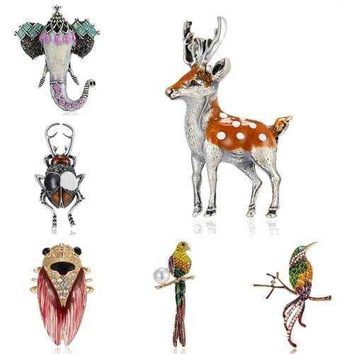 Decorative Imitated Animal Brooches Garment Jewelry Enamel Deer Elephant Parrot Insect Brooch Pin Coat Accessories Kids Gift