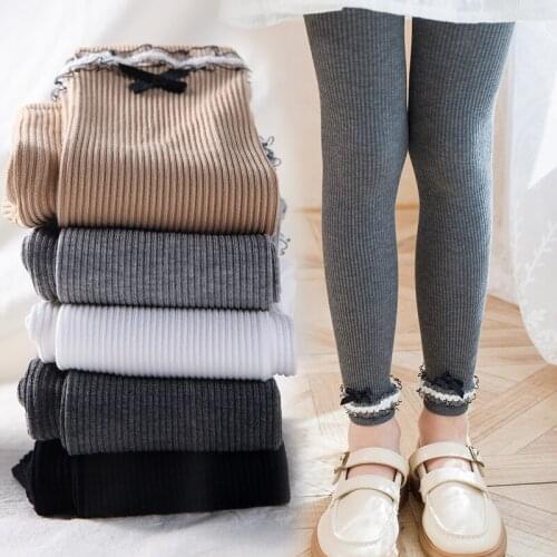 Girls' vertical leggings spring and autumn cotton childrens lace small bowknot cropped trousers cute princess slim pants