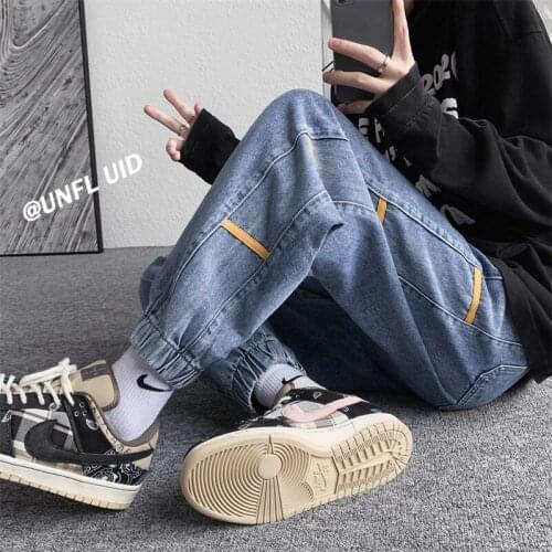 Stitching Webbing Harem Jeans Hiphop Loose Streetwear Trousers Oversize Trendy Sports Casual Washed Denim Trousers Four Seasons