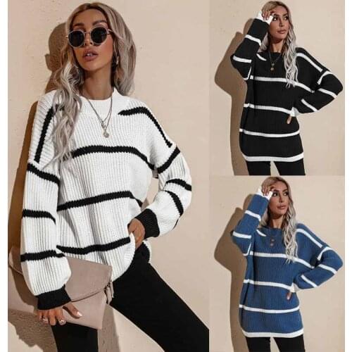 Pullover Ladies 2021 Spring And Autumn Fashion Casual Loose Top Long Sleeve Stripes Jumpers Women Knitted Sweater