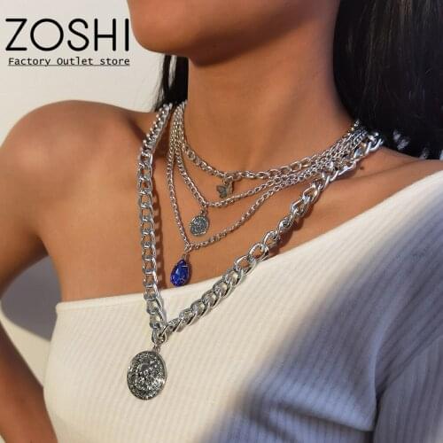 Coins Blue Crystal Pendant Necklace ZOSHI Multilayer Fashion Gold Or Silver Plated Party Charm Jewelry Accessories For Women