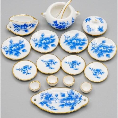 Odoria 1:12 Miniature 17PCS Tableware Set Blue China Porcelain Golden Trim Soup Tureen Tray Kitchen Dollhouse Accessories Decor