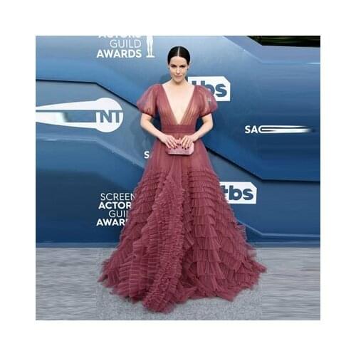 Sexy Tiered Pleated Tulle Dress Women Deep V-Neck Long Dresses Elegant Sheer See Through Ruffle Celebrity Evening Prom Grown