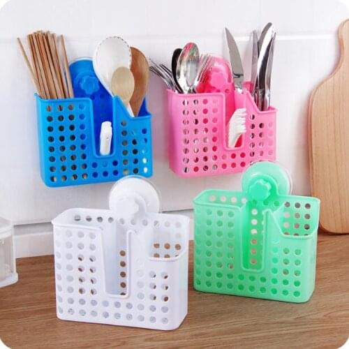 Strong Suction Cup Wall Shelf Hanging Chopsticks Rack Kitchen Storage Tableware Cage 4 Colors