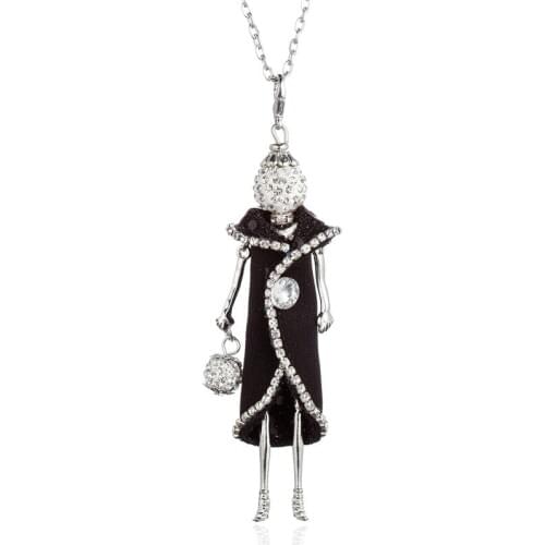 Crystal Button Black White Long Dress Doll Necklace Handmade Paris Girl Statement Jewelry Accessory Long Chain Necklace Bijoux