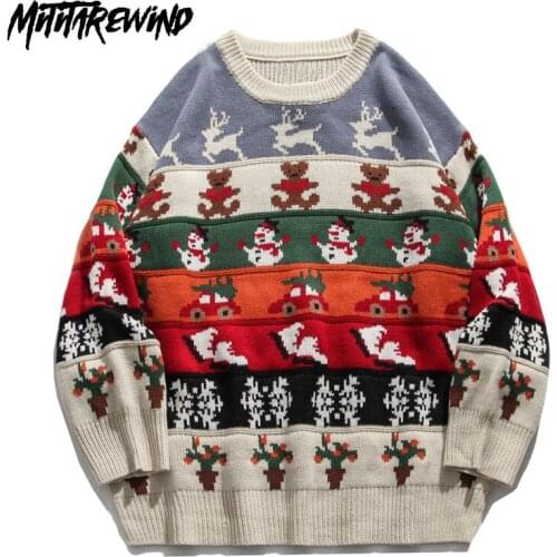 Hip Hop Streetwear Pullovers Knitwear Men Christmas Elk Snowman Santa Jumpers Sweaters Harajuku Casual Crewneck Women Sweaters