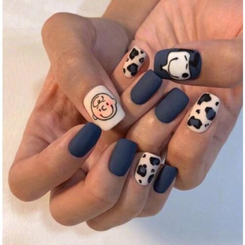 Navy Blue Short Square Head Matte Print Nail Art Press on False Nails Finished Product Wearable Fake Nails