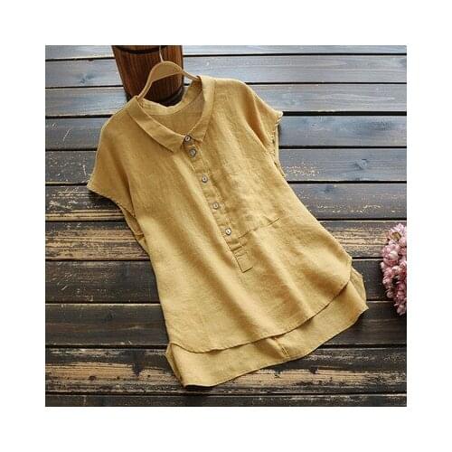 New summer womens cotton linen blouse solid turndown collar short sleeve Fashion shirt mori girl casual Pullover tops