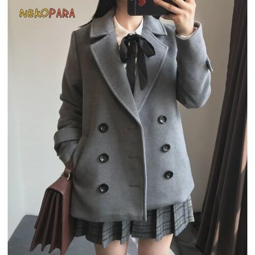 Womens JK School Uniform Suit Coat Wool Blend Trench Double Breasted Turn Down Collar Cute Outwear Lolita 4 Colors 2 Style