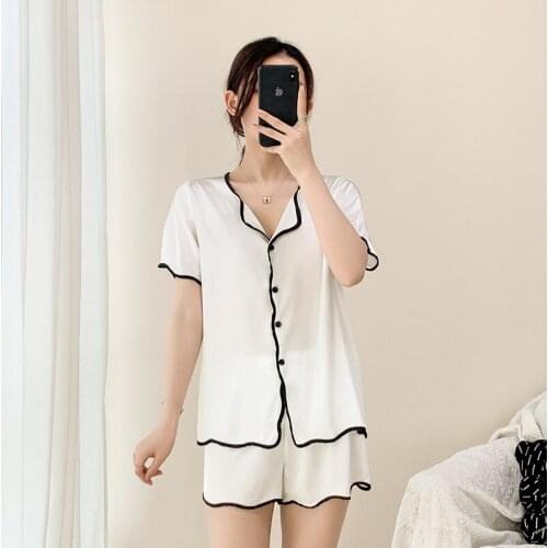 Pajamas Suit Sleepwear Women Short Sleeve Pajamas Set Satin Loungewear 2PCS Shirt&Pants Soft Nightwear Casual Lingerie Home Wear