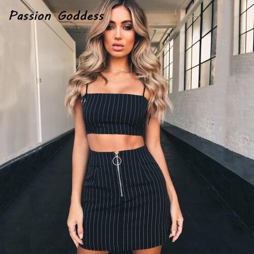 Women 2 Piece Vintage Striped Set Camis Cropped Tops Zipper High Waist Pencil Skirts Party Suits Strapless Mini Skirts Two Piece