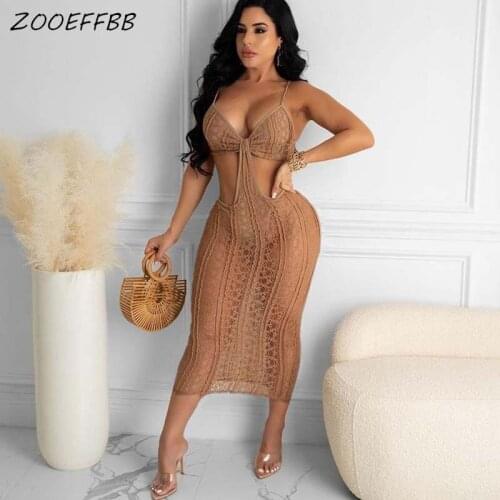 ZOOEFFBB Sexy Lace Hollow Out Loose Midi Dress 2021 Fashion Women Clothes Trend Vacation Outfits Lounge Wear Birthday Club Dress